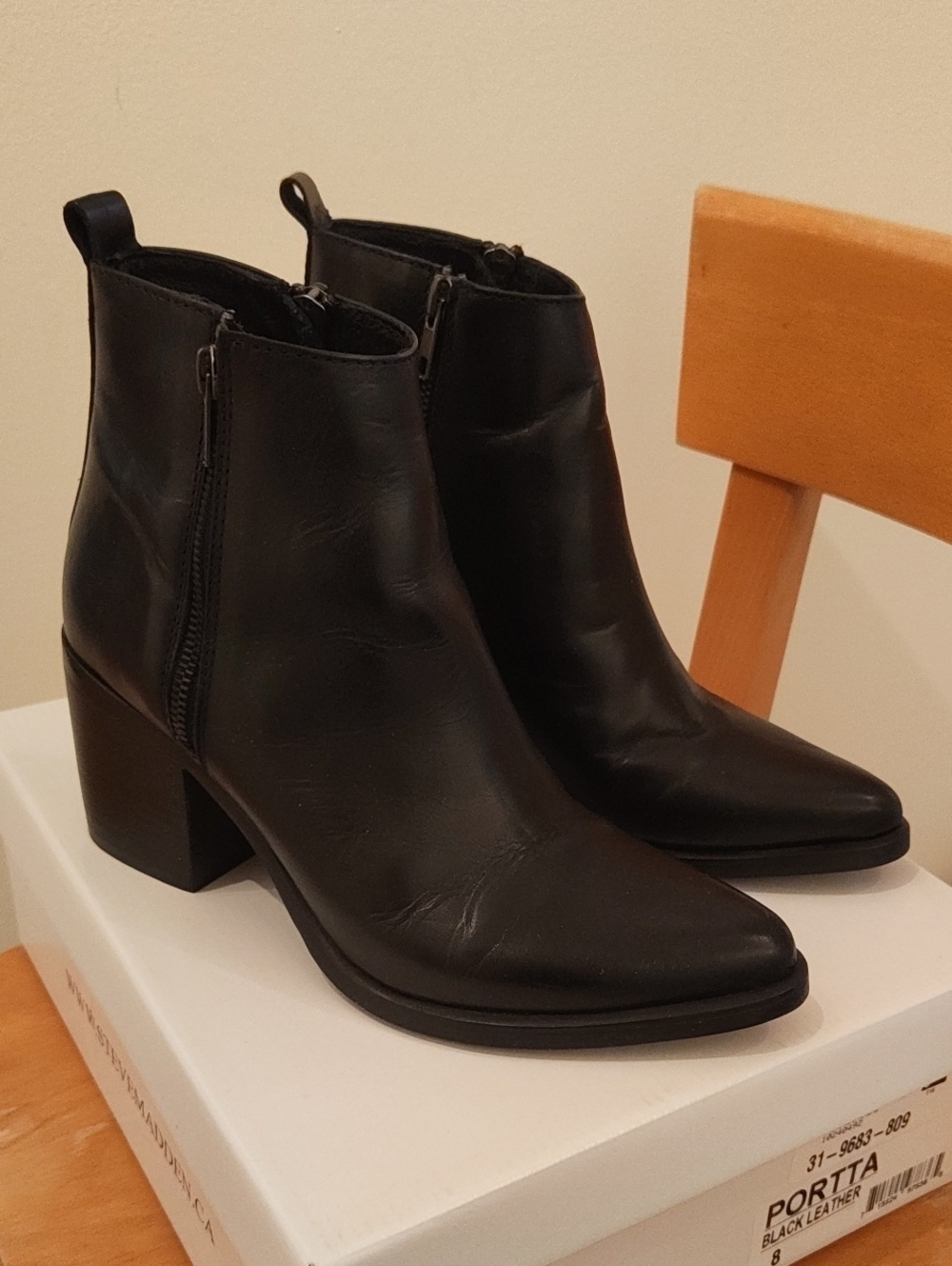 Steve Madden Black Leather Ankle Booties with Block Heel